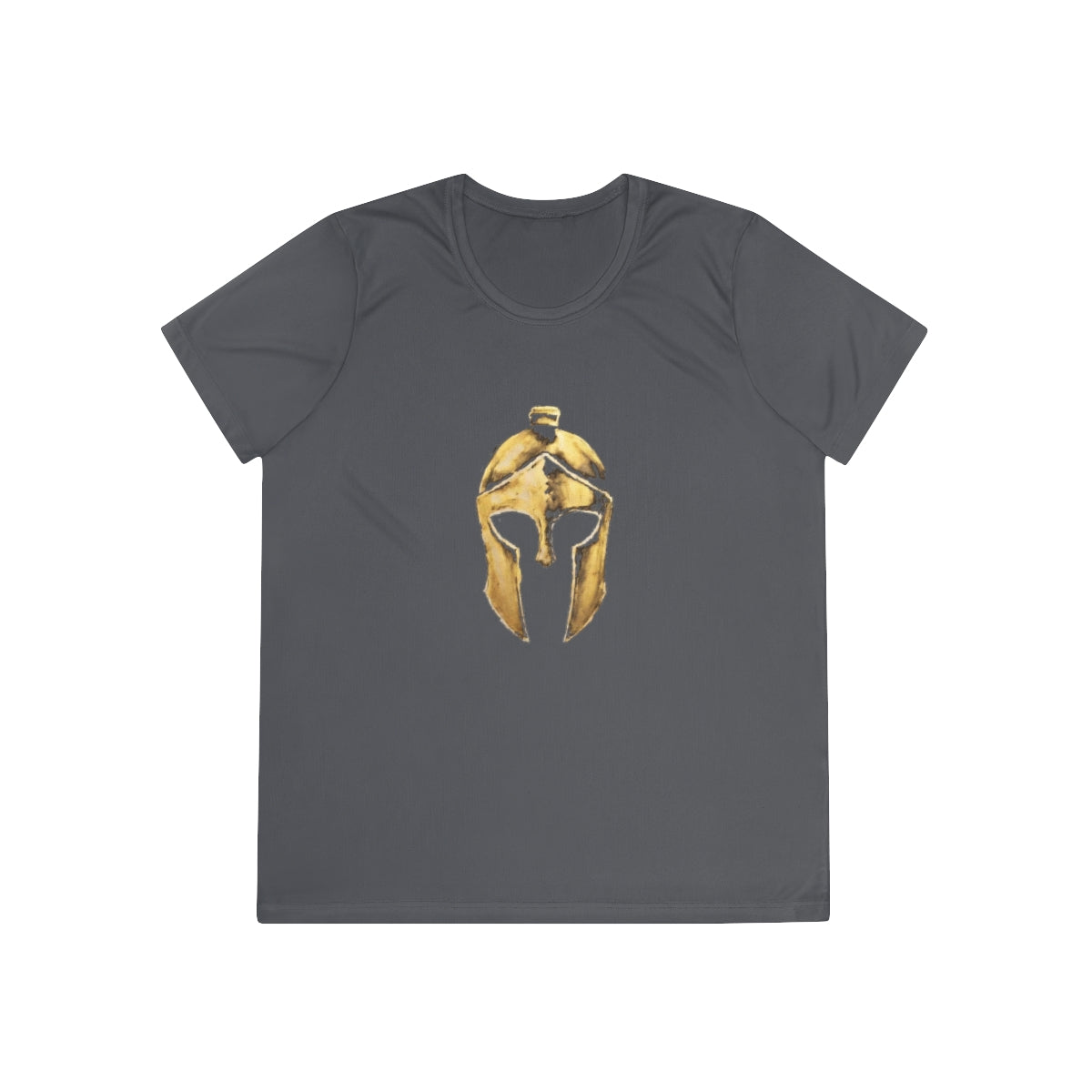 Iron Grey women's performance tee with the gold Helm helmet on the front