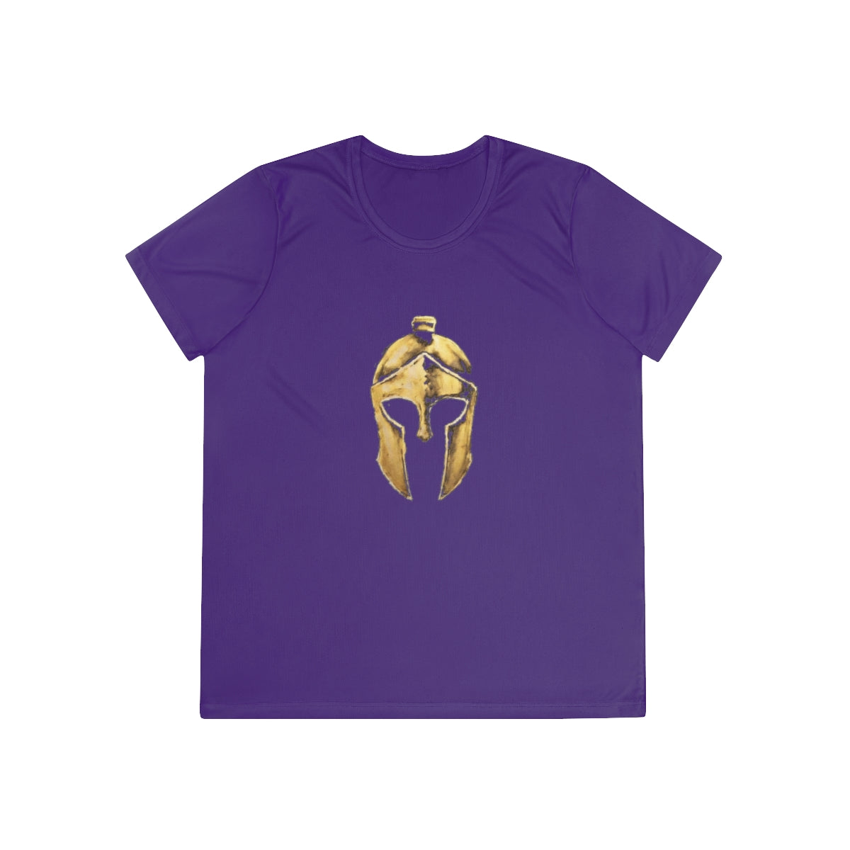 Purple women's performance tee with the gold Helm helmet on the front