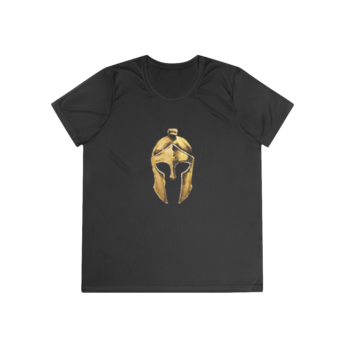 Black women's performance tee with the gold Helm helmet on the front