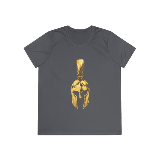 Iron Grey women's performance tee with the gold Praetorian helmet on the front