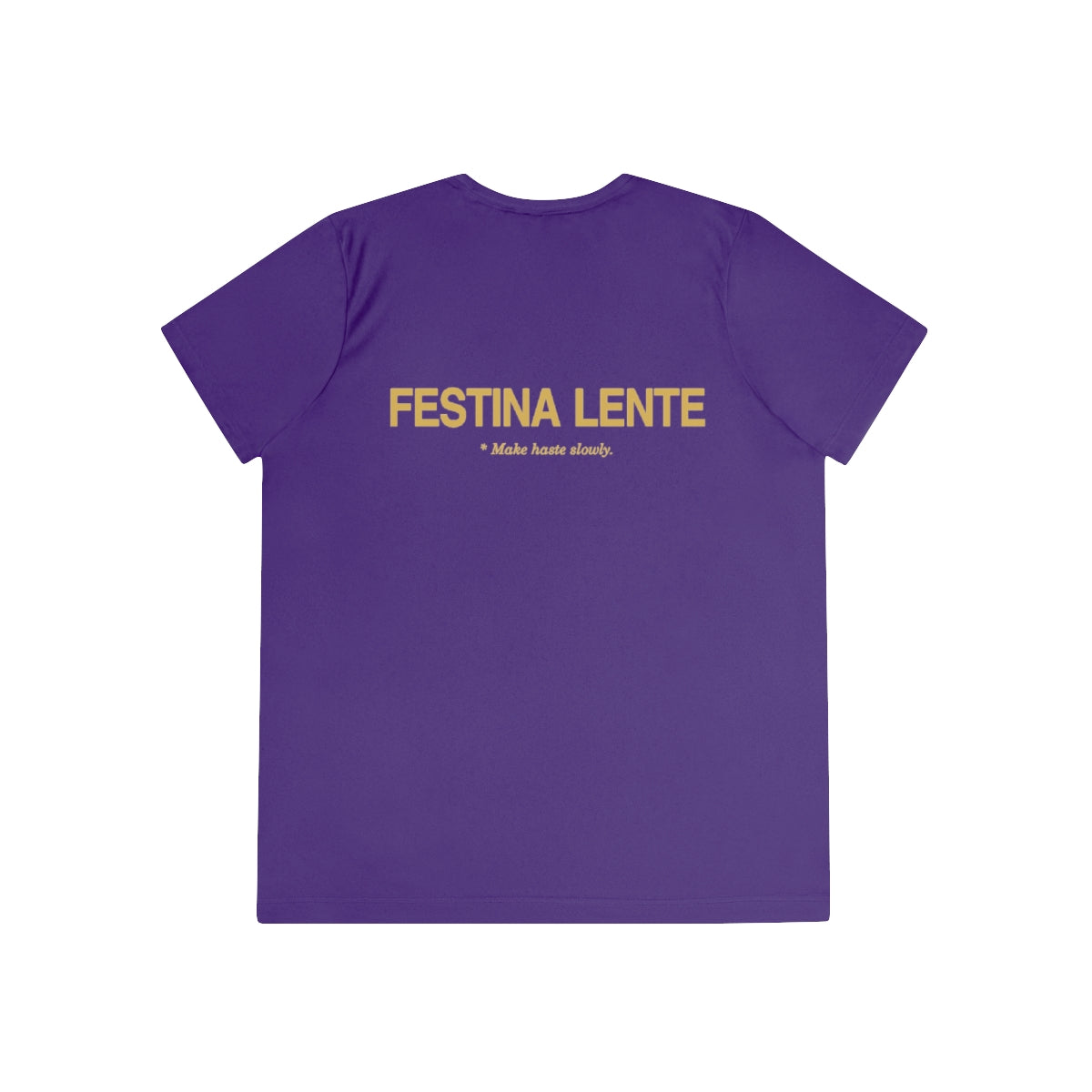 Back of purple women's performance tee with Festina Lente in gold