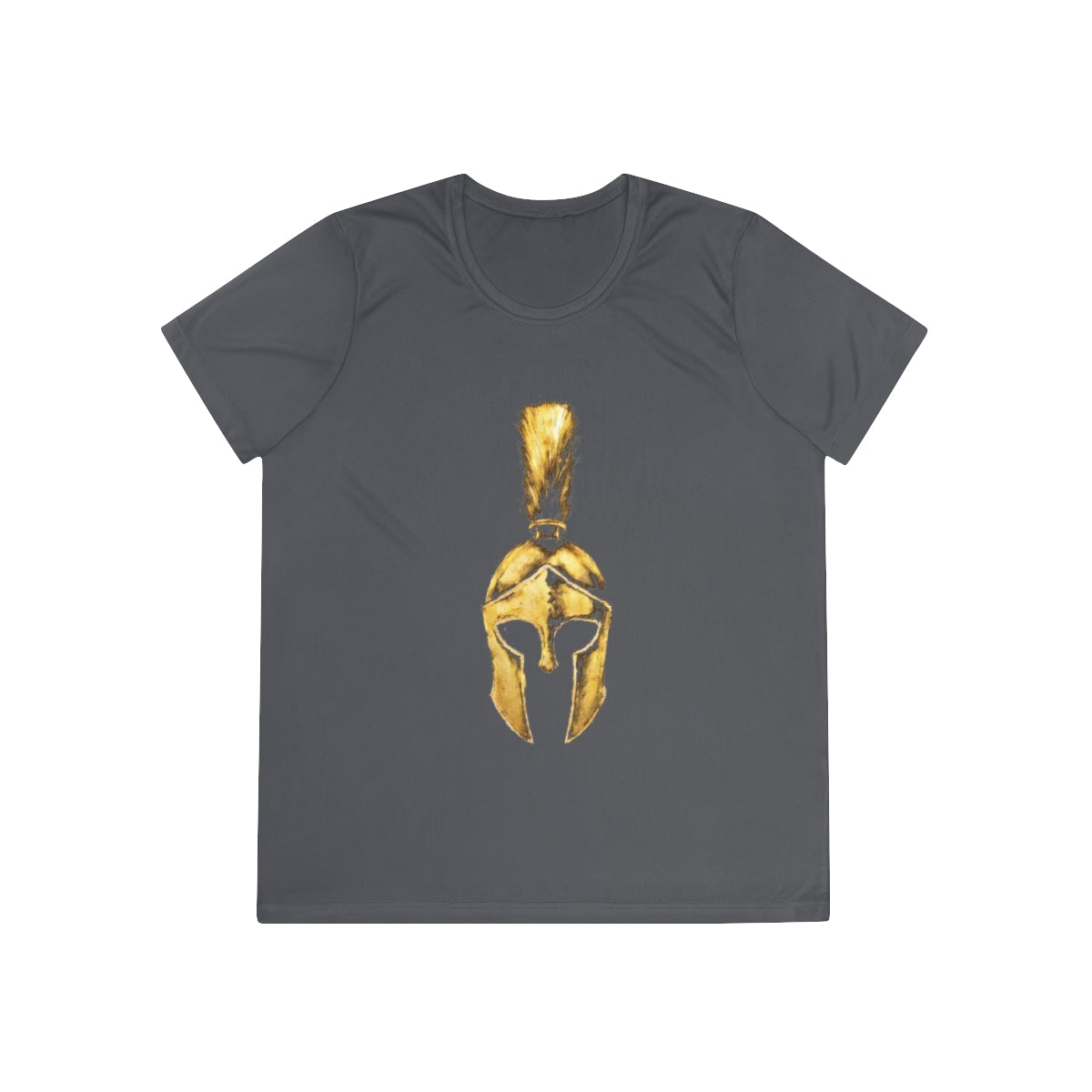 Iron Grey women's performance tee with the gold Praetorian helmet on the front