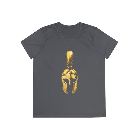 Iron Grey women's performance tee with the gold Praetorian helmet on the front
