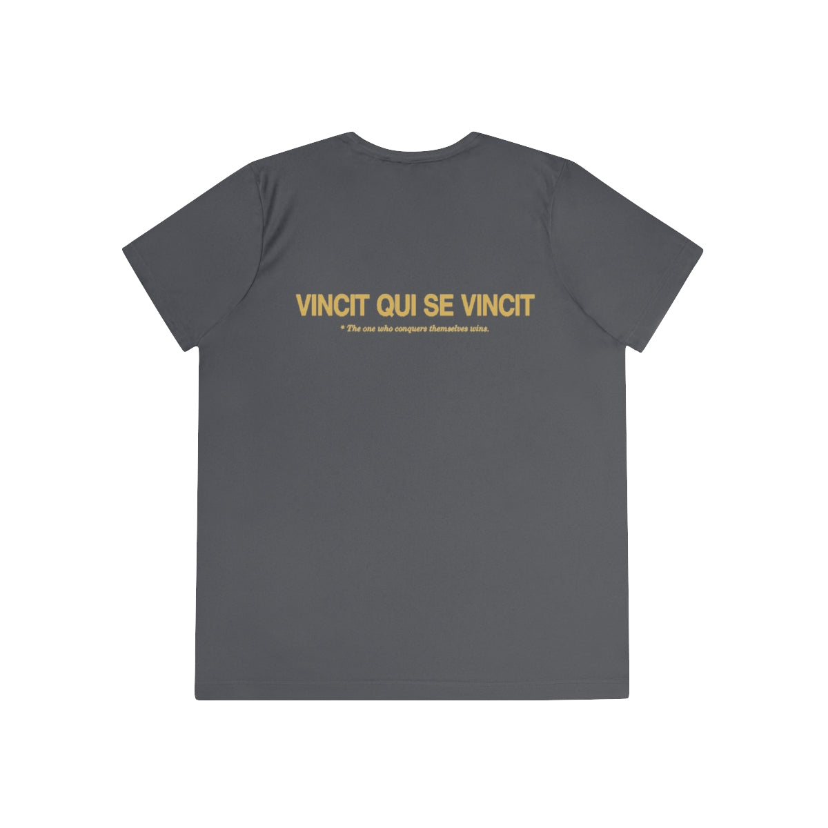Back of iron grey women's performance tee with Vincit qui se vincit in gold