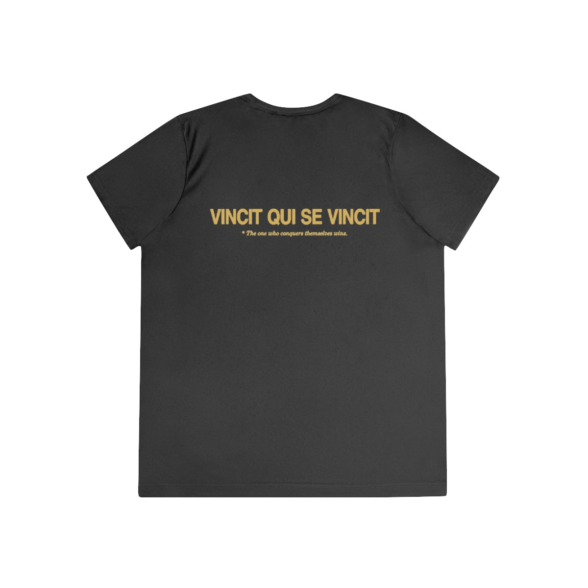 Back of black women's performance tee with Vincit qui se vincit in gold