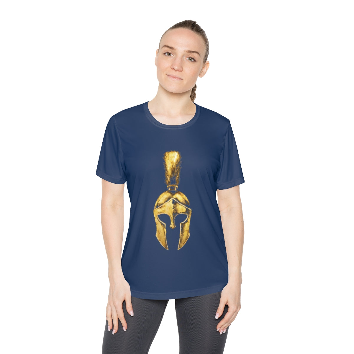 Woman wearing true navy women's performance tee with the gold Praetorian helmet on the front