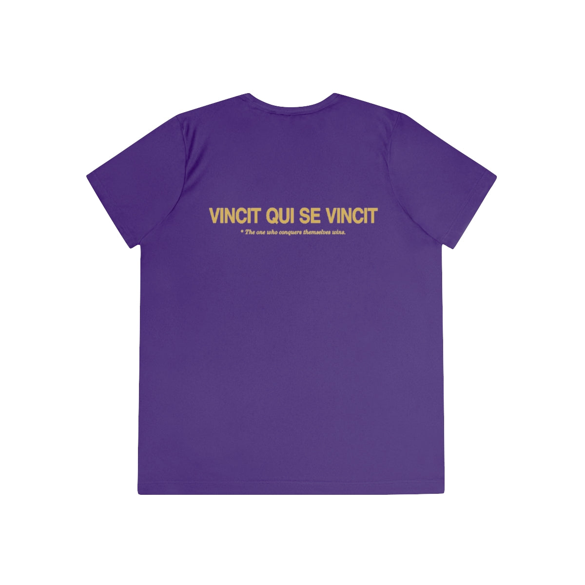 Back of purple women's performance tee with Vincit qui se vincit in gold