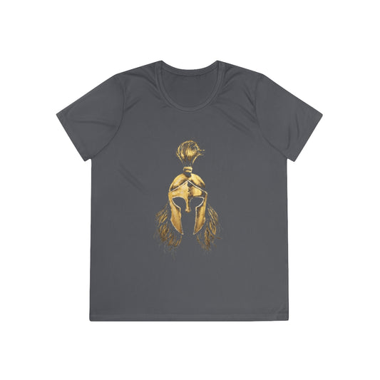 Iron Grey women's performance tee with the gold Sentinel helmet on the front
